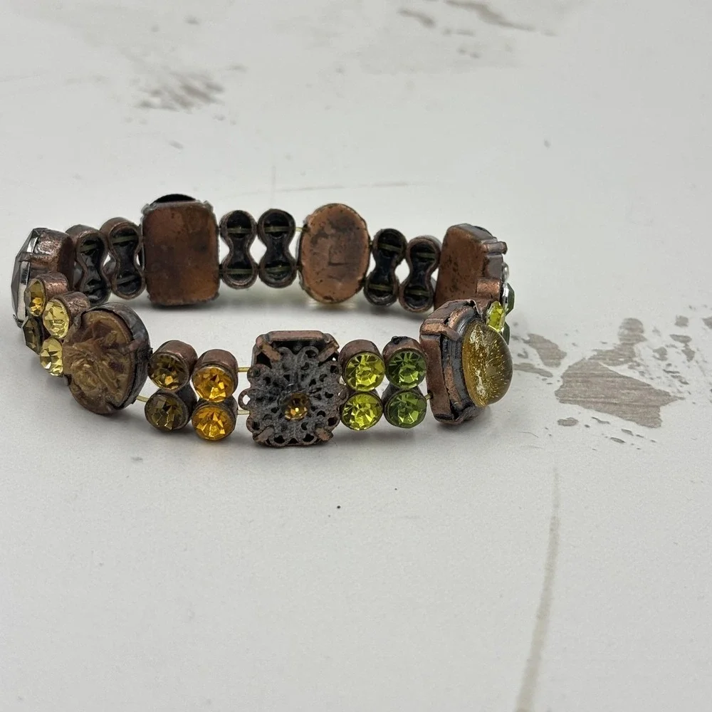 Bracelet Multicolor Glass Rhinestone Beaded Stretch Copper Tone Womens Jewelry - Picture 2 of 4